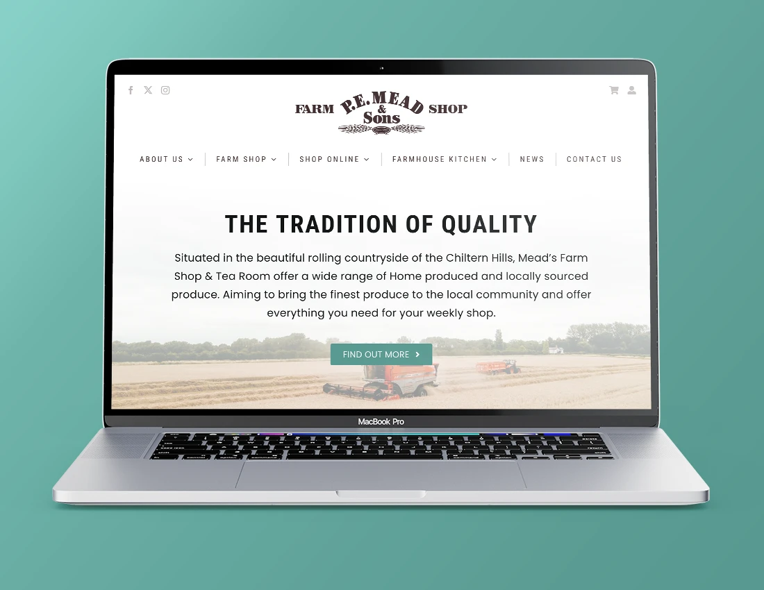 Website design for P.E. Mead & Sons Farm Shop displayed on a MacBook Pro by 349 Design