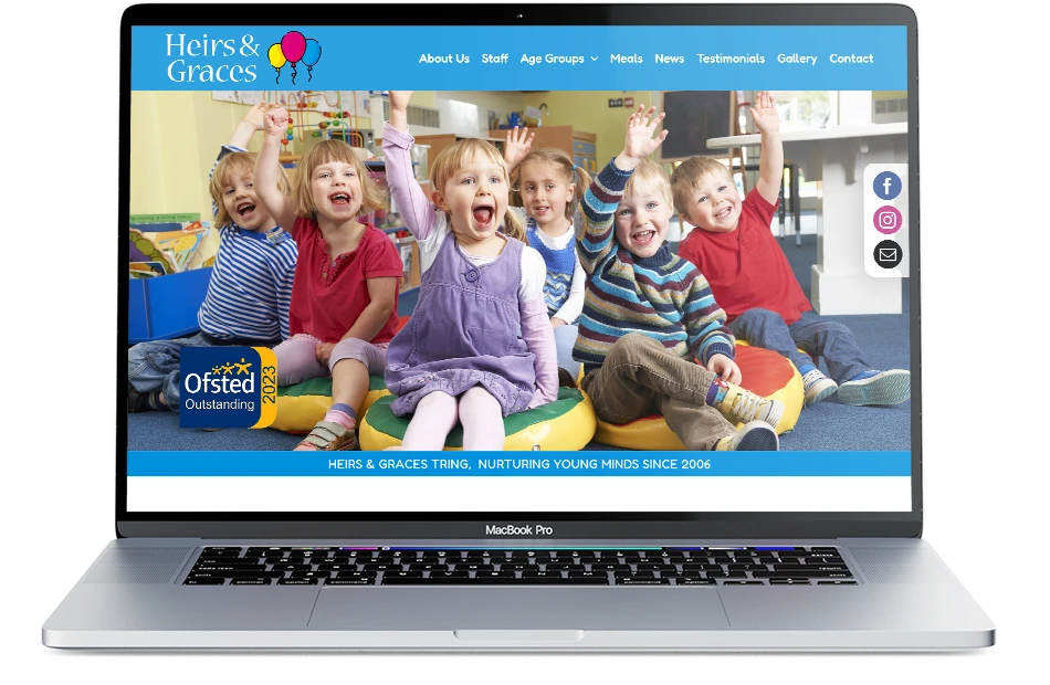 Heirs and Graces Day Nursery homepage design shown on laptop screen