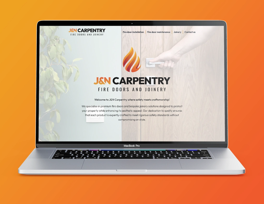 J&N Carpentry website displayed on a laptop against an orange gradient background