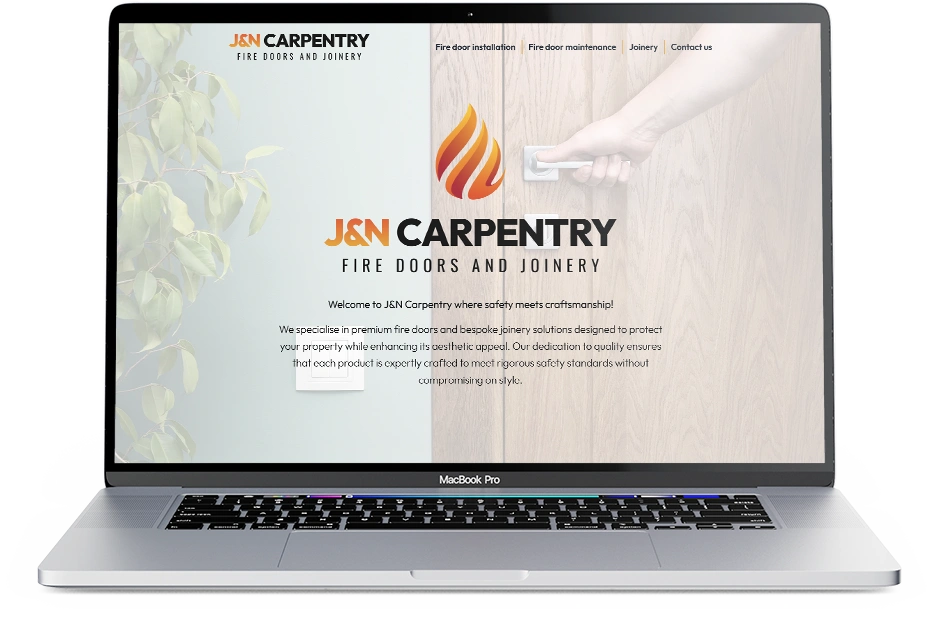 J&N Carpentry website displayed on a MacBook Pro, designed by 349 Design